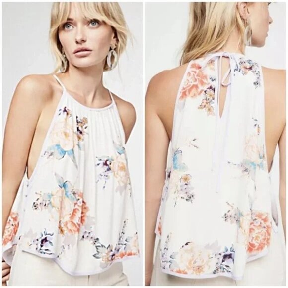 FREE PEOPLE Ivory White Lavender Peony Floral Printed Break Free Flowy Top - Picture 1 of 9